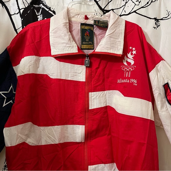 VTG Logo 7 Olympic Collection Track Jacket 90s Atlanta USA Patriotic Large - Picture 2 of 16